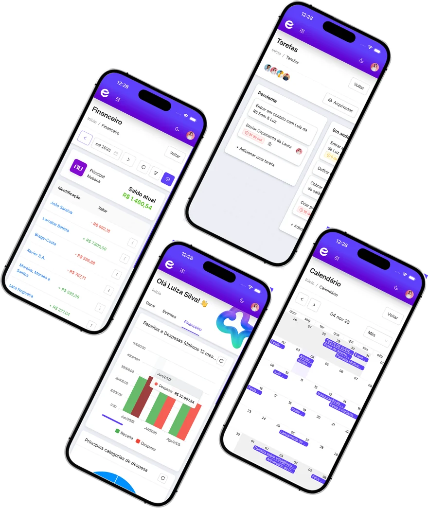 Telas do Eventool no celular: financeiro, tarefas, painel de receitas e despesas e calendário